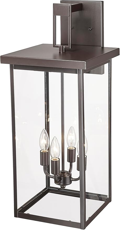 ML Lighting | Barkeley Collection | 42603-PBZ | 27" Modern Four Bulb Outdoor Steel Large Wall Sconce | Anti-Rust Powder Coat Bronze with Clear Glass Shade | Exterior Ambient Light for Safety