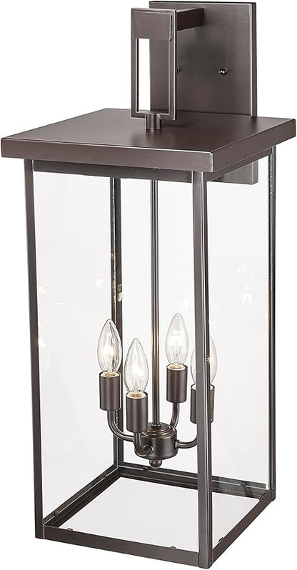 ML Lighting | Barkeley Collection | 42603-PBZ | 27" Modern Four Bulb Outdoor Steel Large Wall Sconce | Anti-Rust Powder Coat Bronze with Clear Glass Shade | Exterior Ambient Light for Safety