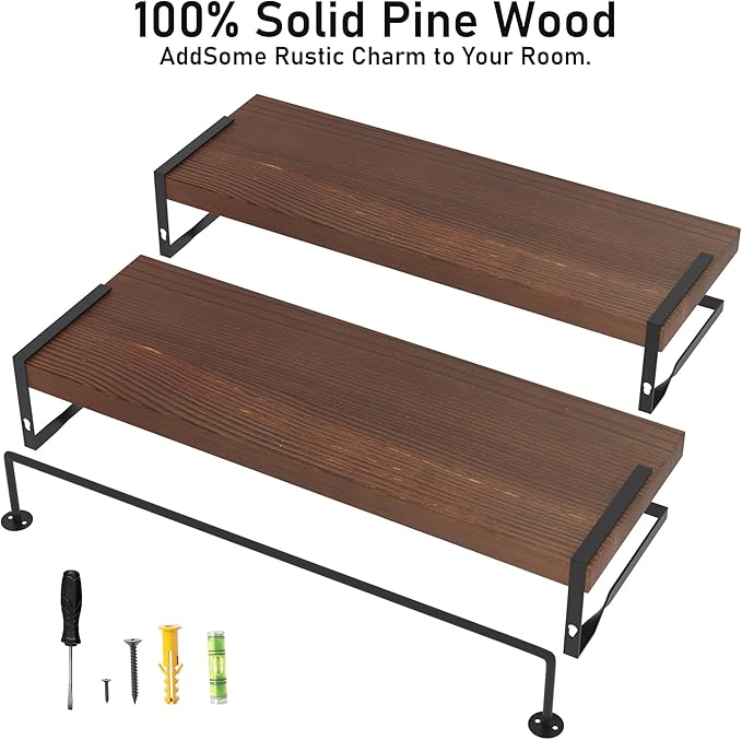 Wood Floating Shelves Wall Mounted - 2+1 Tier Rustic Bathroom Wall Shelves Over Toilet with Towel Bar, Natural Wood Set of 2 Farmhouse Floating Shelf for Bathroom, Kitchen, Bedroom, Dark Brown