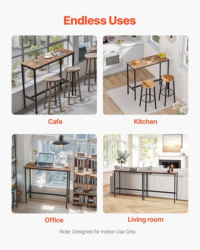 VEVOR Bar Table, Sturdy Metal Frame High Top Pub Table, Narrow Long Kitchen Dining, Cocktail Counter Bar Height Desk, Easy to Assemble,39x16x35.5 in, for Living Room Party, Rustic Brown and Black