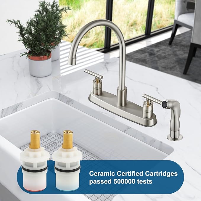 Kitchen Faucets, High Arc 360°Rotating Spout Kitchen Sink Faucet, 2 Handle 8 Inch Centerset RV Kitchen Faucet with Supply Lines, 3 or 4 Hole Kitchen Faucet with Side Sprayer, Brushed Nickel