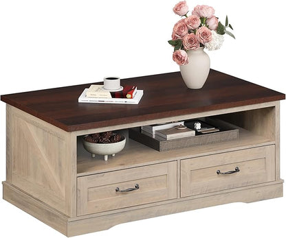 WLIVE Coffee Table for Living Room, 43" Framhouse Coffee Table with 2 Storage Drawers, Modern Center Table with Open Display Area, Elegant Curved Base, Grey
