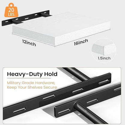 White Floating Shelves for Wall, 16'' W x 12'' D Wall Mounted Rustic Wood Shelves for Bathroom, Bedroom, Living Room, Kitchen, Hanging Shelf for Storage/Room Decor with Heavy Duty Brackets, 2 Pack