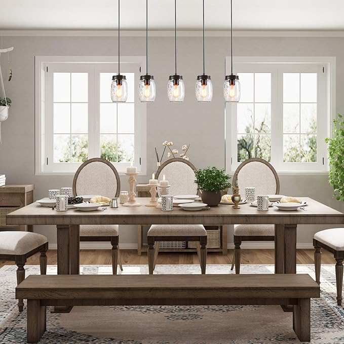 LNC Farmhouse Mason Jar Chandelier, 5-Light Adjustable Rustic Pendant Chandeliers Hanging Light Fixture for Kitchen Island and Dining Room Brown