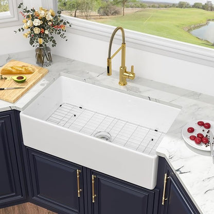 Kichae 36 Inch White Farmhouse Sink - 36 x 20 Farm Kitchen Sink Undermount Singe Bowl Apron Front Fireclay Ceramic Porcelain Farmer Style Large Deep Kitchen Sink Round Corner