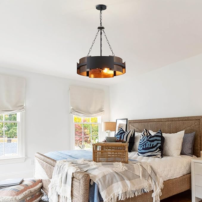 Modern Farmhouse Chandelier 19.7" Industrial Drum Pendant Lighting Fixture Large 4-Light Black Walnut Grain Finish for Dining Room Kitchen Island Office Living Room