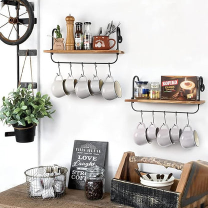 Olakee Floating Wall Shelves for Kitchen Bathroom Coffee Nook with 10 Adjustable Hooks for Coffee Mugs, Coffee Bar Organizer and Decor, Rustic Storage Shelves Set of 2