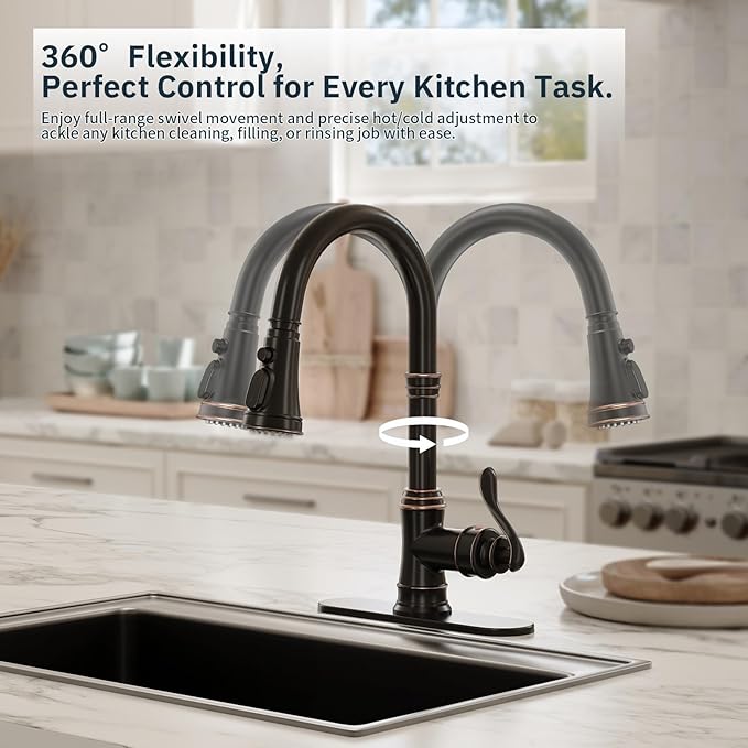 BWE Solid Brass Kitchen Faucet, Oil Rubbed Bronze Kitchen Sink Faucet with Pull Down Sprayer, 3 Spray Modes, Single Handle High Arc, with Deck Plate, Commercial/Farmhouse/Bar Sink Faucet