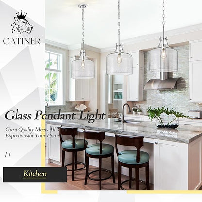 CATINER 12" Chrome Seeded Glass Pendant Light, Modern Farmhouse Hanging Ceiling Light Fixture for Kitchen Island, Dining Room, Hallway, Hand-Blown Bubble Glass Shade, E26 Dimmable Pendant Lighting