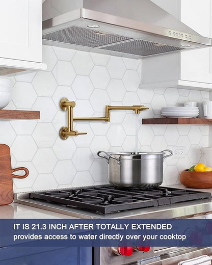 WOWOW Gold Pot Filler Faucet: Single Hole Wall Mount Stove Faucet, Brass Pot Filler Two Attachment with Double Joint Swing Arms