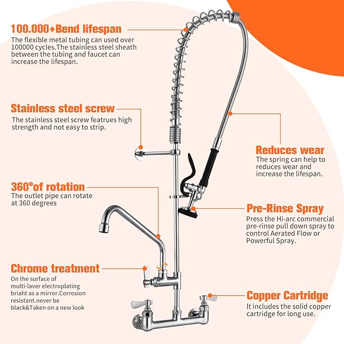 43" Height Commercial Kitchen Sink Faucet Wall Mount with Pre-Rinse Sprayer, 8 inch Center Wall Mount Faucet with Spring Pull Down Sprayer and 12" Add-on Spout for Restaurant