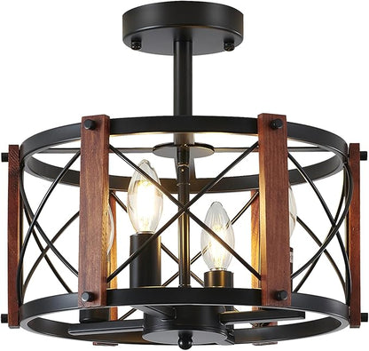 4-Light Rustic Farmhouse Semi Flush Mount Ceiling Light, Modern Entryway Hallway Light Fixtures Oak Wood Drum Kitchen Lights Black Close to Ceiling Light for Kitchen Bedroom Dining Room Foyer Lighting