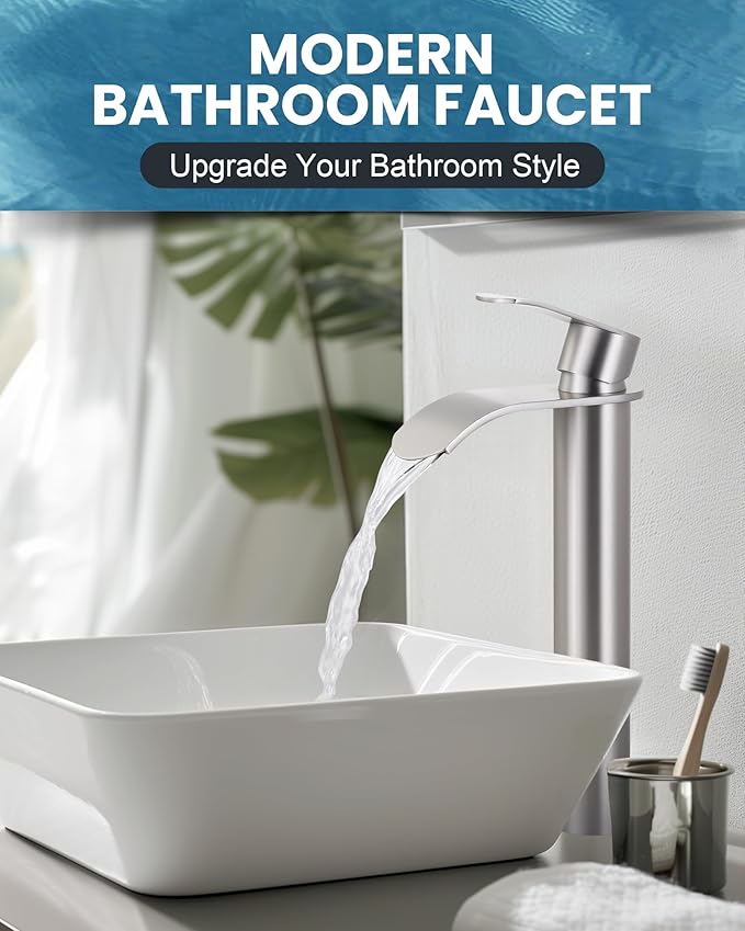 Vessel Sink Faucet Brushed Nickel for Bathroom：WOWOW Single Handle Tall Bathroom Faucet - Waterfall Single Hole Mixer Bar Tap with Large Rectangular Spout, Deck Mount Lavatory Vanity with Pop Up Drain