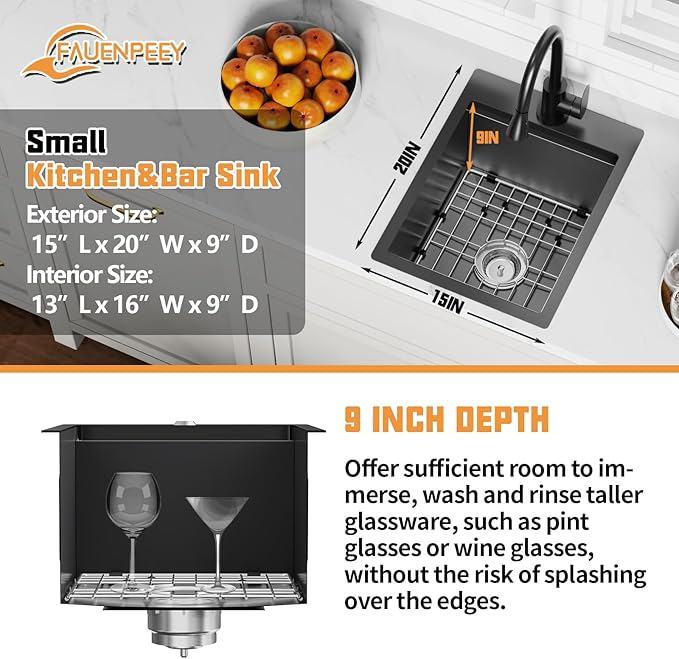 Black 15x20In Kitchen&Bar Workstation Sink- Small Stainless Steel Drop In Single Bowl Bar Sink Built-in Ledge Topmount Workstation Sink With Accessory-SS Grid Cutting Board,Silicon Mat,Drain Assembly