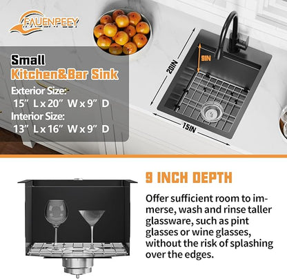 Black 15x20In Kitchen&Bar Workstation Sink- Small Stainless Steel Drop In Single Bowl Bar Sink Built-in Ledge Topmount Workstation Sink With Accessory-SS Grid Cutting Board,Silicon Mat,Drain Assembly