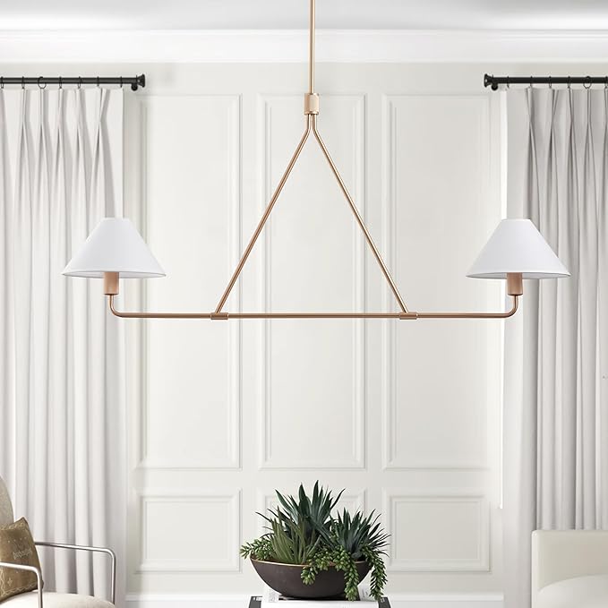 Aiwen Modern 2-Light Kitchen Island Pendant Light 46.45 inch Rose Gold Pendant Lights with Fabric Shade Classic Farmhouse Linear Chandelier Over Table for Dining Room Bar E12