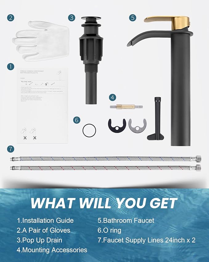 Vessel Sink Faucet Black and Gold：WOWOW Single Handle Tall Bathroom Faucet - Waterfall Single Hole Mixer Bar Tap with Large Rectangular Spout, Deck Mount Lavatory Vanity with Pop Up Drain
