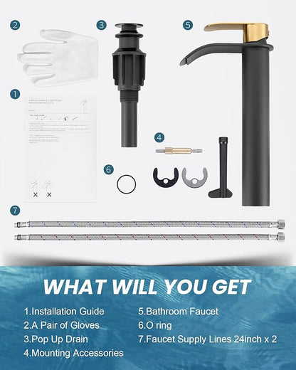 Vessel Sink Faucet Black and Gold：WOWOW Single Handle Tall Bathroom Faucet - Waterfall Single Hole Mixer Bar Tap with Large Rectangular Spout, Deck Mount Lavatory Vanity with Pop Up Drain