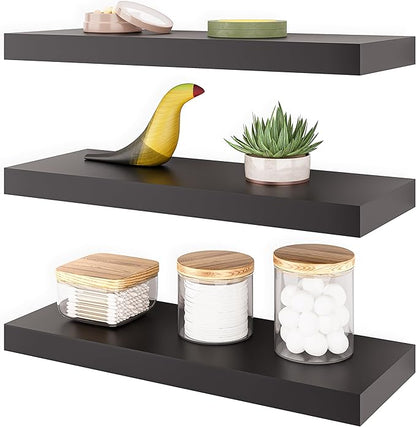 Ballucci Floating Shelves, 16" Wood Wall Shelf Set of 3, Invisible Brackets Floating Shelf for Wall Decor Living Room, Bathroom, Bedroom, Kitchen, 6" Depth, Black