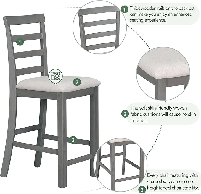 Rubber Wood Kitchen Table Set for 4, Kitchen Island with Bar Wine Compartment, Wineglass Holders for Dining Room, Rustic Style Counter Height Dining Room Table Set for Dining Room, Grey