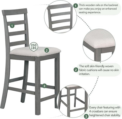 Rubber Wood Kitchen Table Set for 4, Kitchen Island with Bar Wine Compartment, Wineglass Holders for Dining Room, Rustic Style Counter Height Dining Room Table Set for Dining Room, Grey