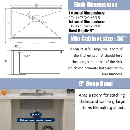 Farmhouse Sink 33 Inch, 33x22 Inch Apron Front Farmhouse Kitchen Sink, 16 Gauge Stainless Steel Undermount Ledge Workstation Deep Single Bowl Luxury Rustic Farm Sinks with All Accessories