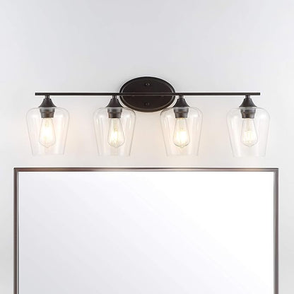 JONATHAN Y 32" Oil Rubbed Bronze 4-Light Farmhouse Rustic LED Vanity Light Sconce, Clear Glass Shade, Vintage Indoor Fixture for Bathroom Mirror, LED Bulb Included (JYL7548A)