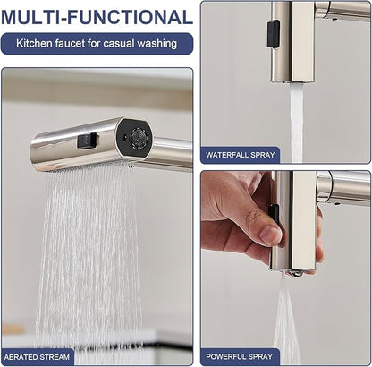 AVSIILE Brushed Nickel Touchless Kitchen Faucets with Pull Down Sprayer & Soap Dispenser, Single Hole & Handle, Pull Out Tap, Waterfall Stainless Steel Sink Faucet for Farmhouse Camper Laundry Rv Bar