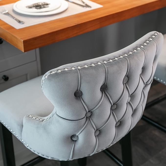 Rhomtree Elegant Button Tufted Upholstered Fabric Bar Stools with Nailhead Trim, Dining Side Chair, Leisure Padded Chairs with Solid Wooden Legs Home Kitchen Island Wooden Bar Chairs (Grey, Set of 6)