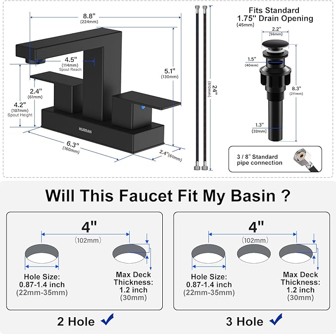 Matte Black Bathroom Sink Faucet, Hurran 4 inch Bathroom Faucets for Sink 3 Hole with Pop-up Drain and Supply Lines, Stainless Steel 2-Handle Faucet for Vanity RV Restroom, 2 Pack