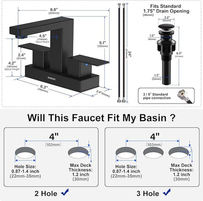 Matte Black Bathroom Sink Faucet, Hurran 4 inch Bathroom Faucets for Sink 3 Hole with Pop-up Drain and Supply Lines, Stainless Steel 2-Handle Faucet for Vanity RV Restroom, 2 Pack