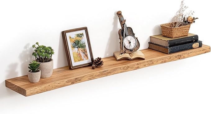 48 Inch Live Edge Floating Shelves, 8 Inch Deep Solid Elm Wood Wall Shelf, Heavy-Duty Wall Mounted Shelf with Invisible Brackets for Living Room, Bathroom, Kitchen, Set of 1, Natural Color