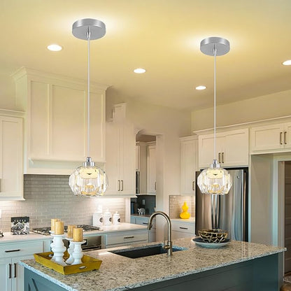 Modern Led Crystal Ball Pendant Light Kitchen Island, Mini Crystal Chandelier for Dining Room 3000K-6000k,5W Chrome