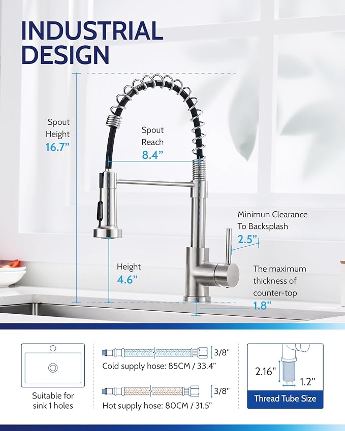 LUFEIDRA Stainless Steel Kitchen Faucet with Sprayer-High Arc Dual Function Brushed Nickel Sink Faucet, Commercial Single Handle One Hole Spring Faucet for RV Farmhouse Camper Laundry Bar Sink