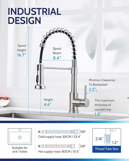 LUFEIDRA Stainless Steel Kitchen Faucet with Sprayer-High Arc Dual Function Brushed Nickel Sink Faucet, Commercial Single Handle One Hole Spring Faucet for RV Farmhouse Camper Laundry Bar Sink