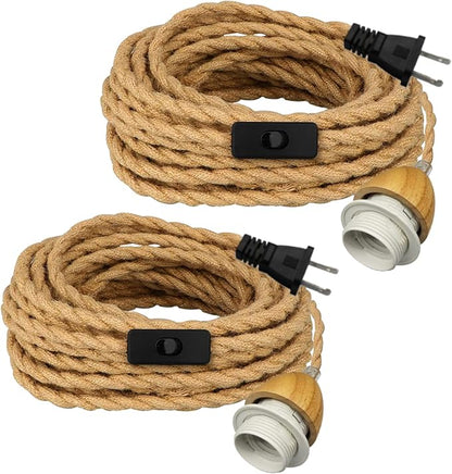 Vintage Hemp Rope Pendant Light Fixtures, 2PCS Rustic Hanging Lights with 16.7FT Plug in Cord, Retro Pendant Light Cord Kit, E26 E27 Light Socket Hanging Plug in Light Fixture, for Farmhouse