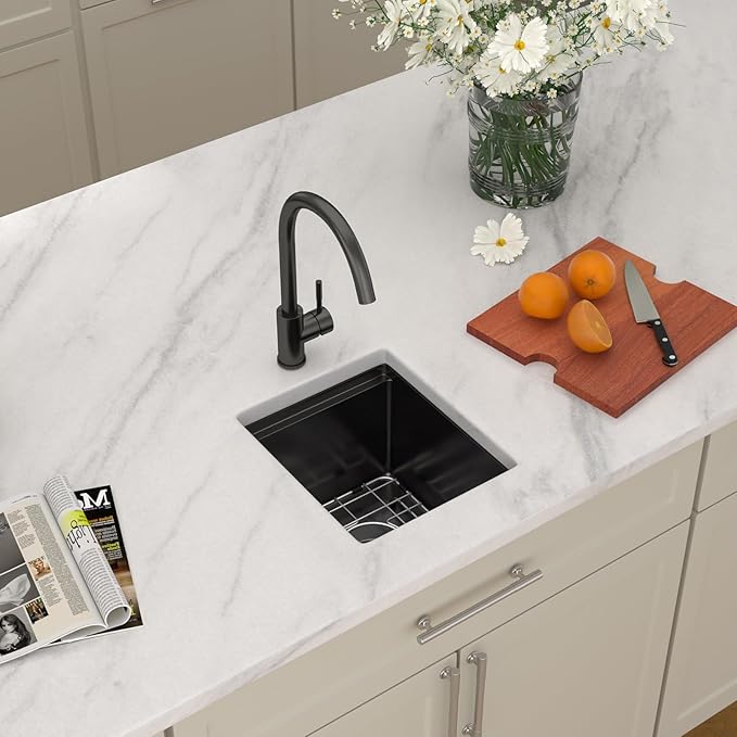 Dcolora 13"x15 Black Small Bar Sink, Heavy Duty 16 Gauge 304 Stainless Steel, with Cover Board for Saving Space, Udnermount Installation Fit for Small Kitchen,Bar, RV, #DC-U2533004BW