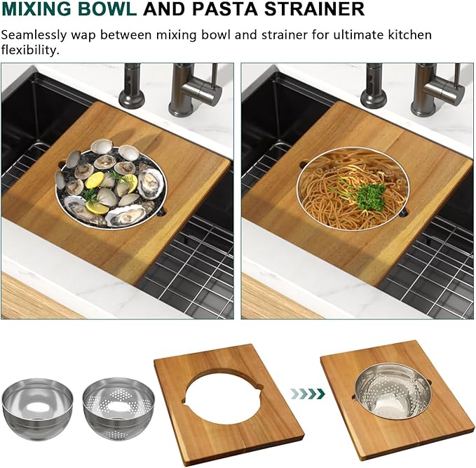 32x19 Black Undermount Kitchen Sink - Workstation 16 Gauge 304 Stainless Steel Single Bowl Under Counter Handmade Sinks with Mixing Bowl, Cutting Board, and Pasta Strainer #TLU-0043
