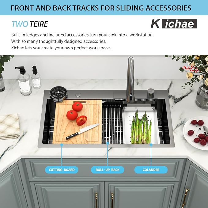 Kichae 33x19 Drop In Kitchen Sink Waterfall - Black Workstation Kitchen Sink Waterfall Stainless Steel 16 Gauge Luxury Handmade Single Bowl Drop Sinks with Faucet Combo & Glass Rinser