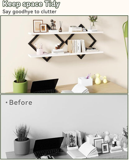 IBUYKE Floating Shelves,15 Inch Wall Shelf Set of 2,Wall Mounted Shelves,2 Tier Hanging Decorative Storage Shelf for Living Room, Bedroom, Bathroom, Kitchen TFS003W-2