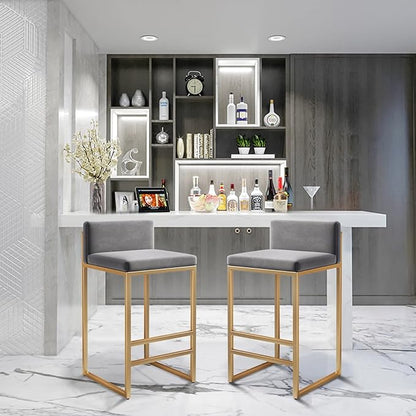 Velvet Stools with Low Back Mid-Century Upholstered Armless Chairs for Kitchen Island Home Pub Grey + Gold Sitting Height 65cm (Grey + Gold 25.6in)