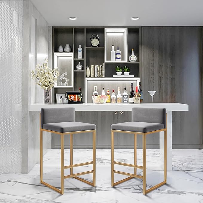 Velvet Stools with Low Back Mid-Century Upholstered Armless Chairs for Kitchen Island Home Pub Grey + Gold Sitting Height 65cm (Grey + Gold 29.5in)