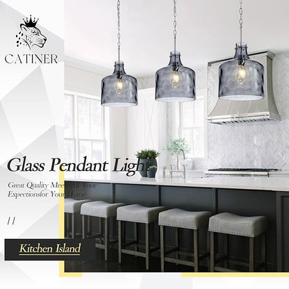 CATINER 16" Extra Large Farmhouse Pendant Light – Hand-Blown Smoked Gray Hammered Glass Shade, Polished Chrome Finish, Adjustable Chain Hanging Light Fixture for Kitchen Island, Dining Room, Hallway