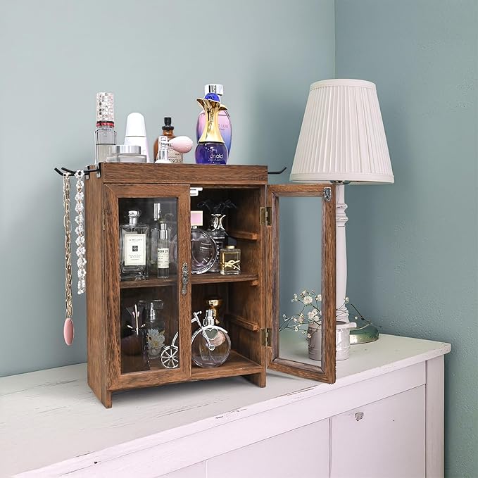 Ikee Design Small Wooden Countertop Storage Cabinet with Adjustable Shelves and Removable Hooks, Perfect for Perfume, Pantry, Essential Oil, 10.4W x 6.1D x 14.4H in, Brown