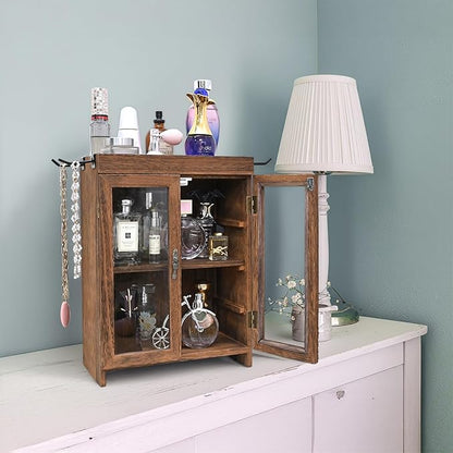 Ikee Design Small Wooden Countertop Storage Cabinet with Adjustable Shelves and Removable Hooks, Perfect for Perfume, Pantry, Essential Oil, 10.4W x 6.1D x 14.4H in, Brown