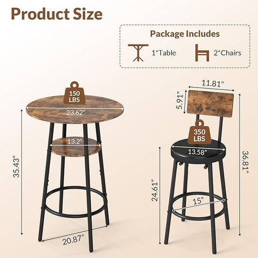 Zevemomo 3 Pieces Round Bar Table Set, Small Dining Table for 2, Modern Kitchen Bar Table, Breakfast Table with Storage, 2 Thickened Cushion Stools with Backrest for Dining Room, Bistro-Brown