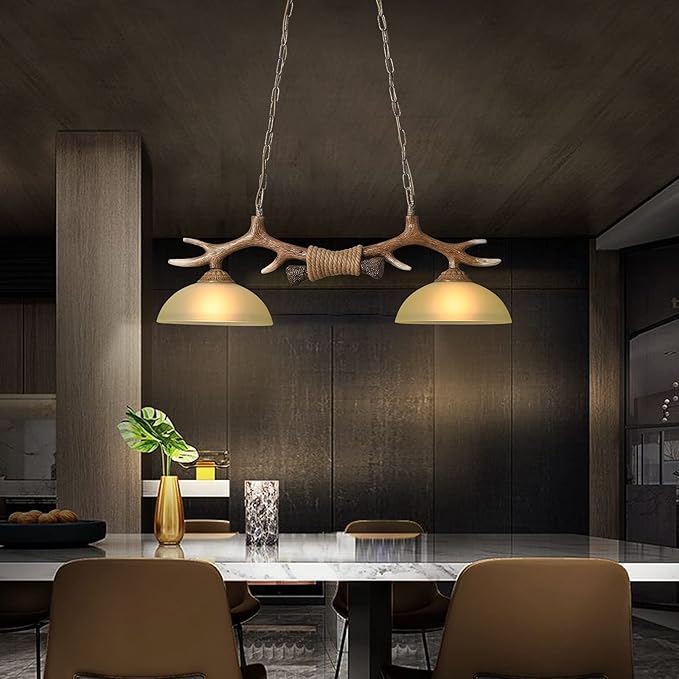 Retro Deer Horn Chandelier, Resin Pendant Light Antler Hanging Ceiling Lamp Fixture 2 Light Sunset Glass Shades Vintage Style Chandelier for Living Room Bar Cafe Dining Room Indoor Decorative