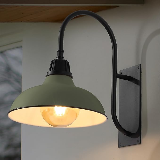 JONATHAN Y 12.25" Matte Olive Green/Black 1-Light Farmhouse Gooseneck Outdoor Wall Sconce Lamp, with Black Metal Bowl Shade, Industrial Iron LED Porch Light for Patio Garage Entryway (JYL7614I)