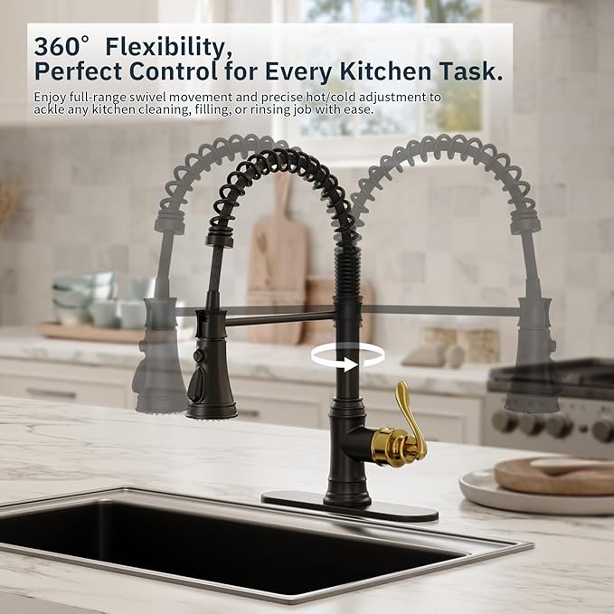 BWE Black and Gold Kitchen Faucet with Pull Down Sprayer Single Handle High Arc Spring Commercial 3 Functions Kitchen Sink Faucet Solid Brass with 10" Deck Plate for Sink 1 or 3 Holes