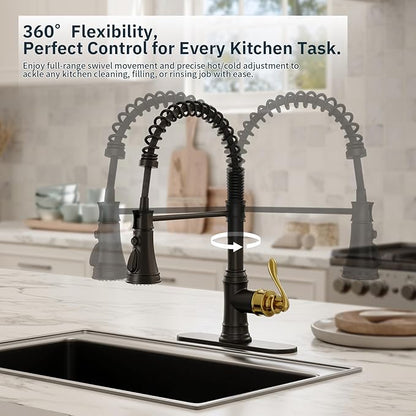 BWE Black and Gold Kitchen Faucet with Pull Down Sprayer Single Handle High Arc Spring Commercial 3 Functions Kitchen Sink Faucet Solid Brass with 10" Deck Plate for Sink 1 or 3 Holes